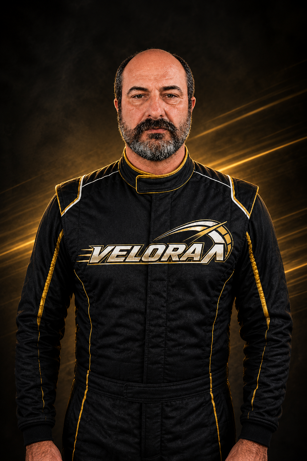 Example AI-generated Velora racing-suit portrait